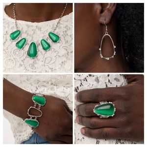 Paparazzi Jewelry Set Green Silver Necklace Earrings Bracelet Ring New